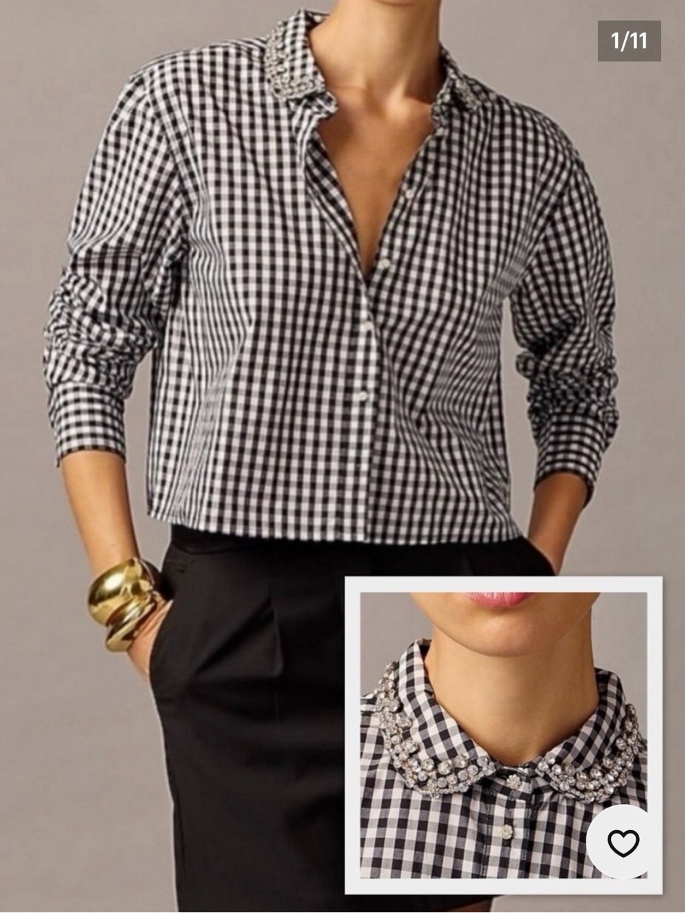 J. Crew Collection black and White Gingham Button-Down with Embellished Collar